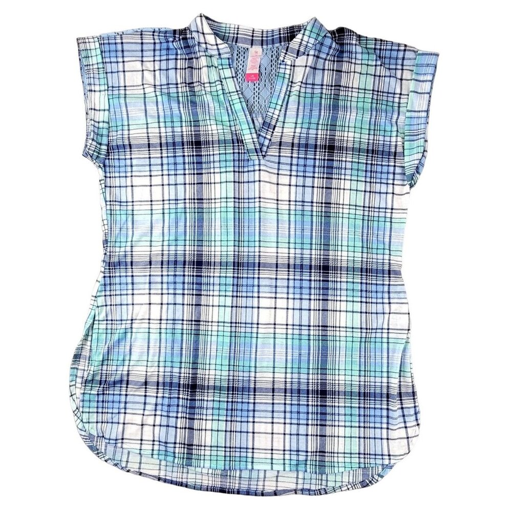 Womans Sleeveless Top Blue and Green Plaid size Large V-Neck Lace Accent JH1553